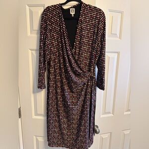 Anne Klein Black Long-Sleeve Wrap Dress with Multicolor Dot Print